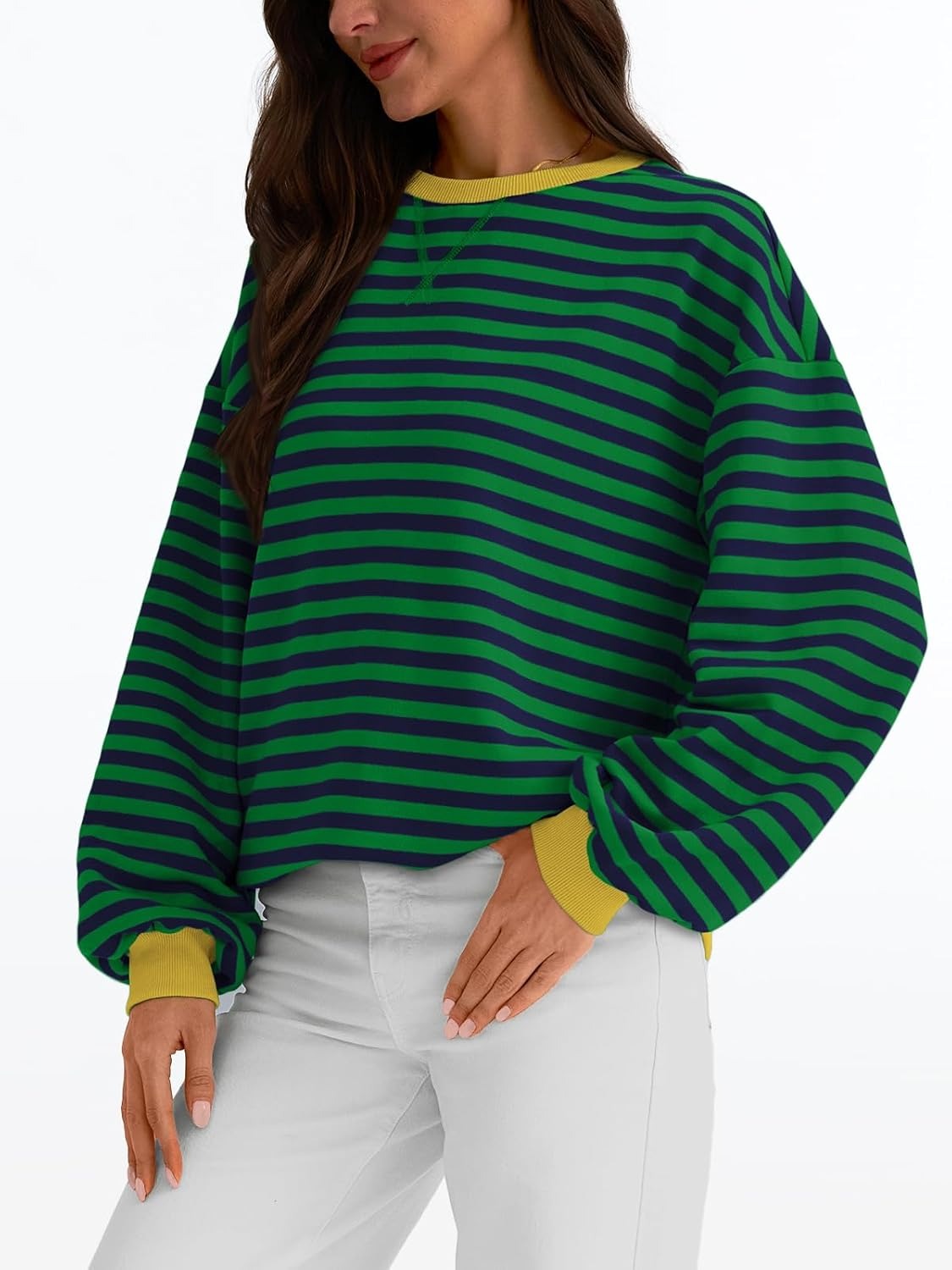 Women's Striped Crewneck Sweatshirt - Oversized Long Sleeve Casual Pullover Top