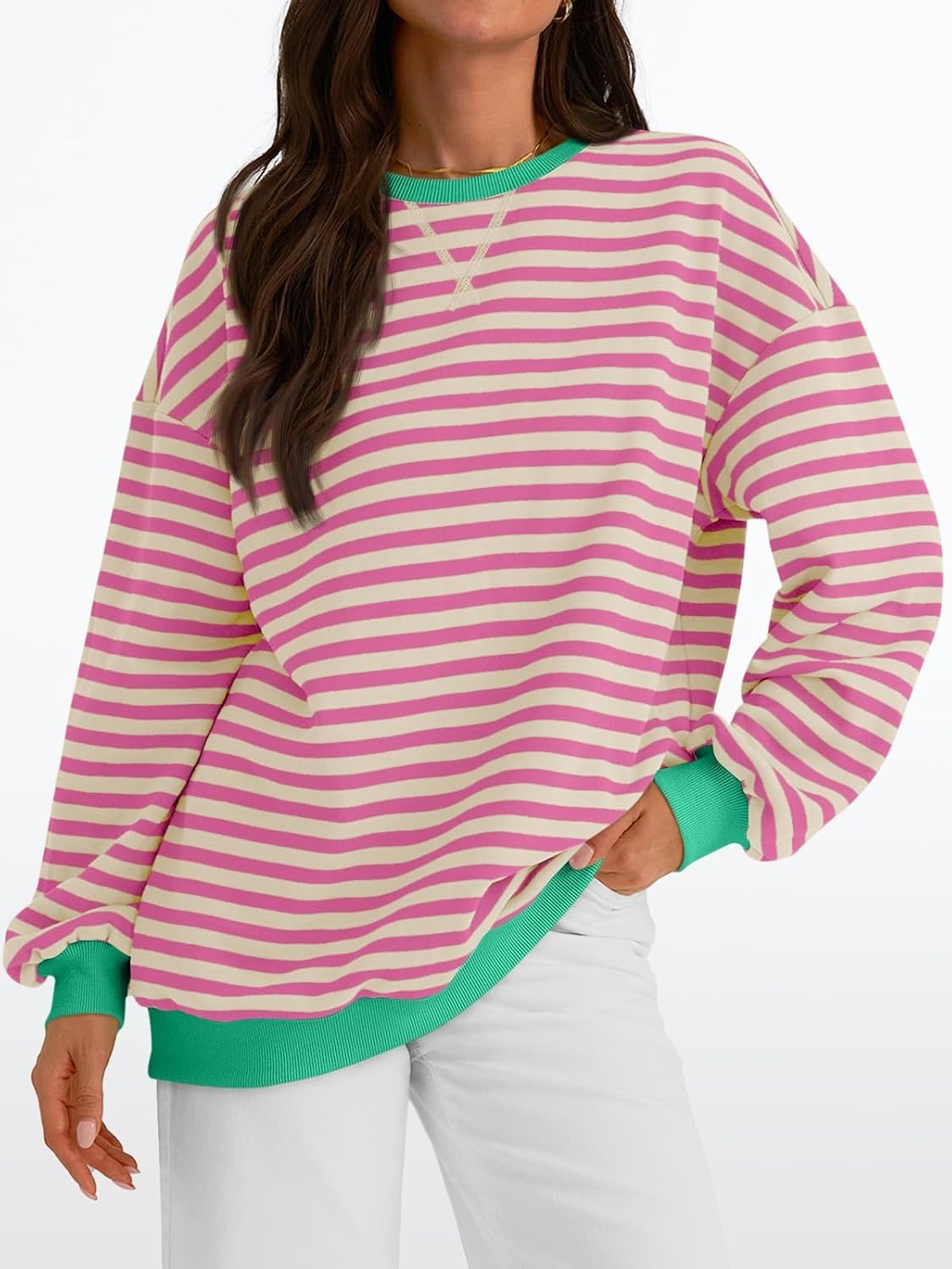 Women's Striped Crewneck Sweatshirt - Oversized Long Sleeve Casual Pullover Top