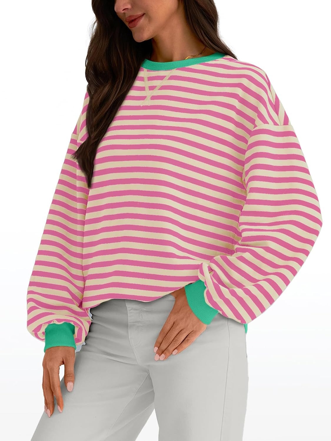 Women's Striped Crewneck Sweatshirt - Oversized Long Sleeve Casual Pullover Top