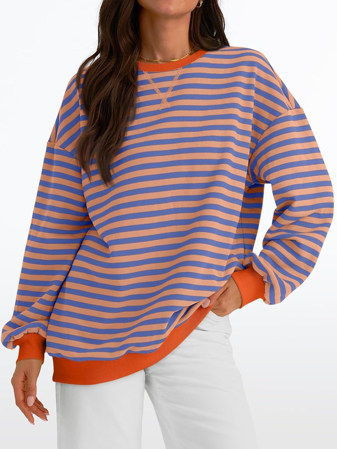 Women's Striped Crewneck Sweatshirt - Oversized Long Sleeve Casual Pullover Top