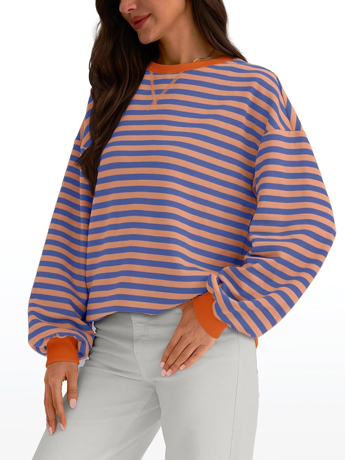 Women's Striped Crewneck Sweatshirt - Oversized Long Sleeve Casual Pullover Top
