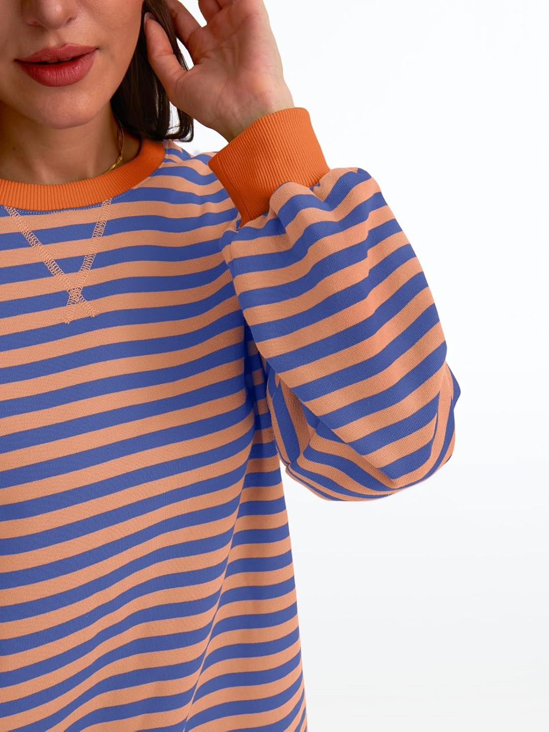 Women's Striped Crewneck Sweatshirt - Oversized Long Sleeve Casual Pullover Top