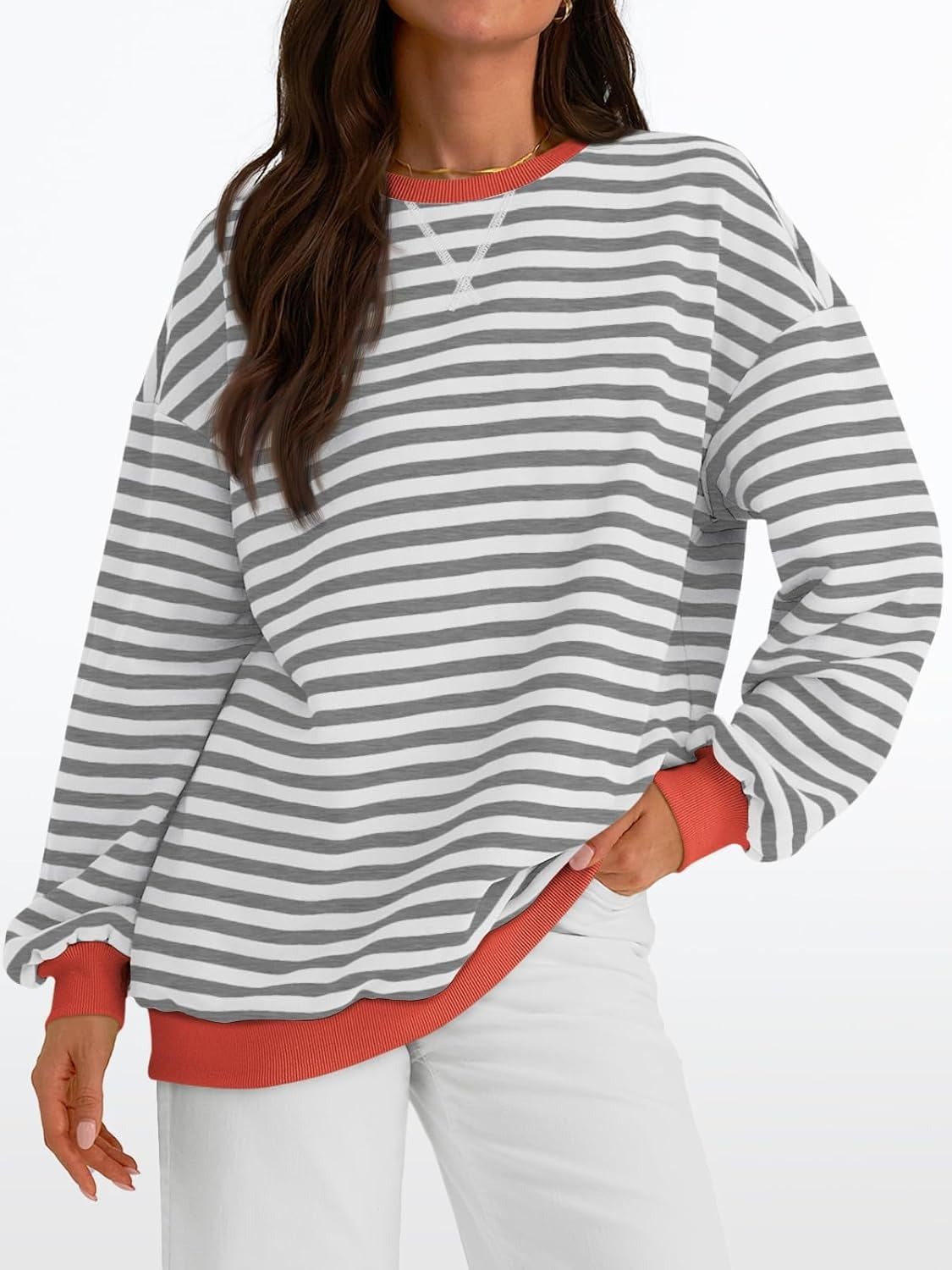 Women's Striped Crewneck Sweatshirt - Oversized Long Sleeve Casual Pullover Top