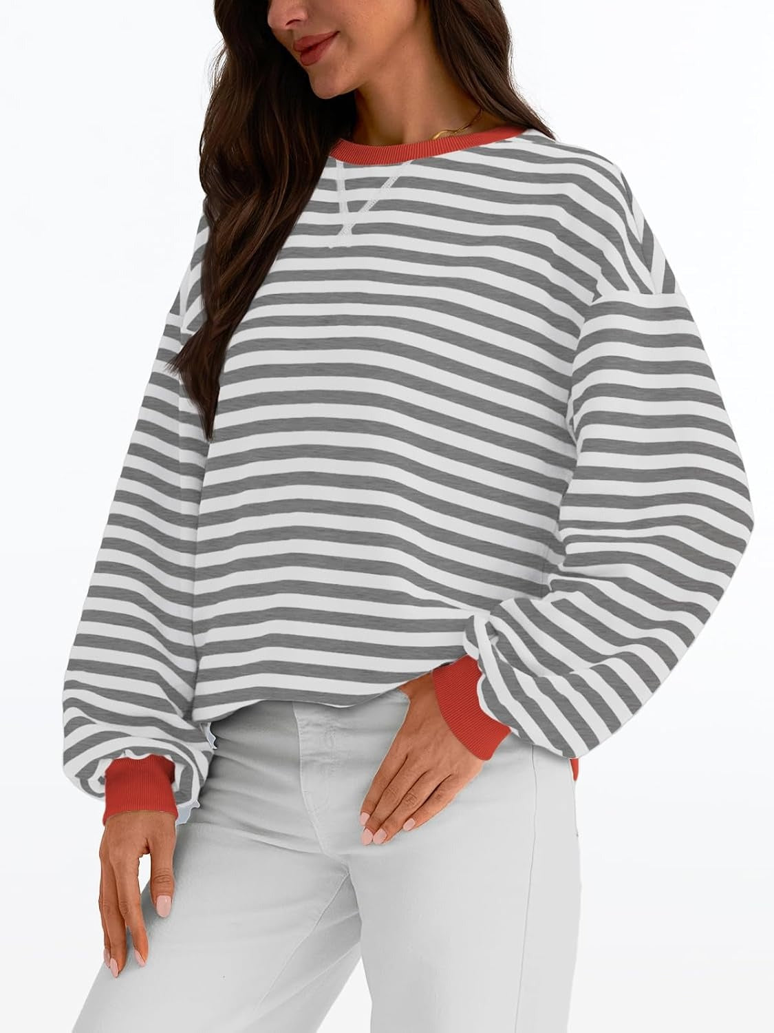 Women's Striped Crewneck Sweatshirt - Oversized Long Sleeve Casual Pullover Top