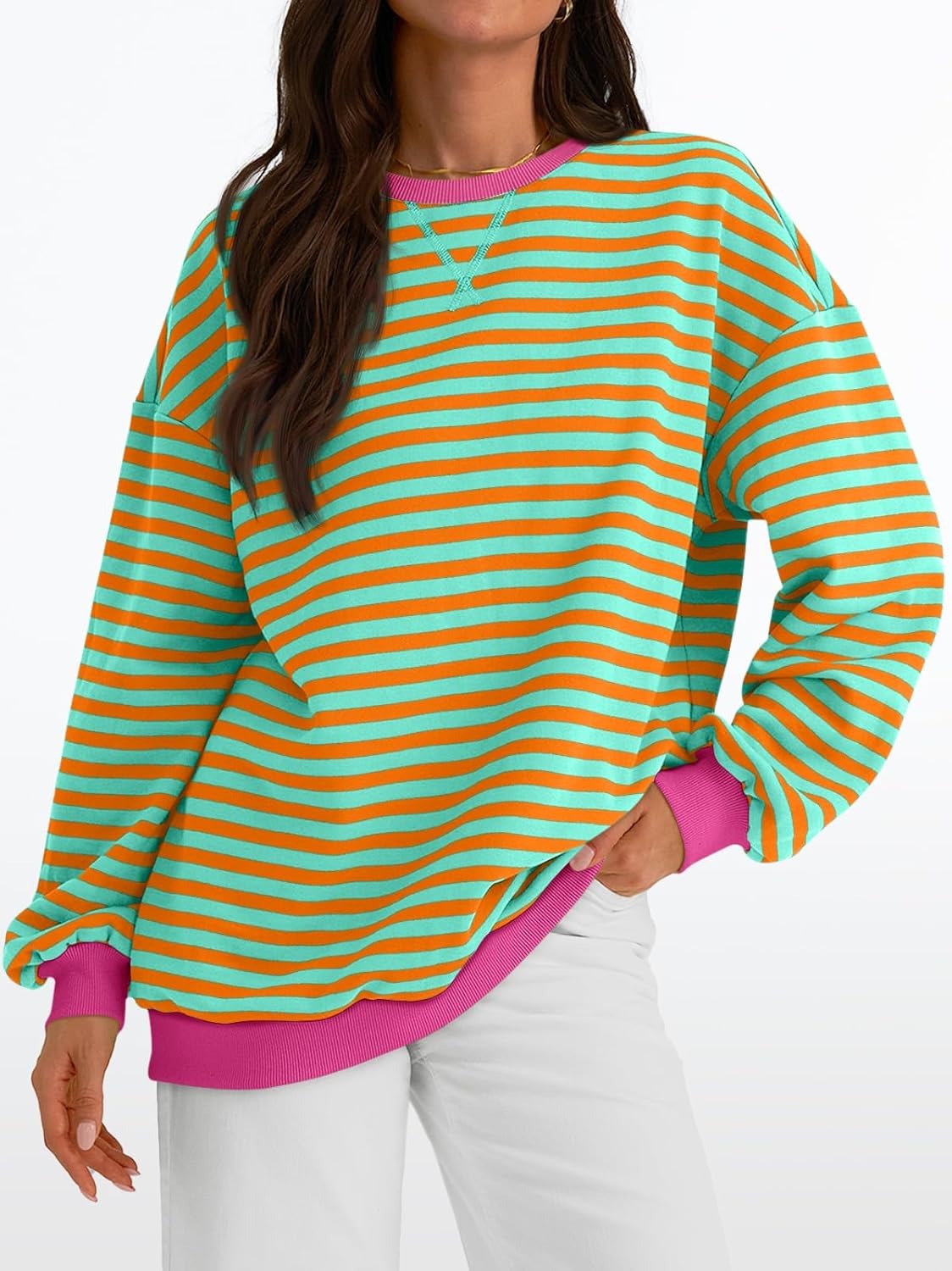 Women's Striped Crewneck Sweatshirt - Oversized Long Sleeve Casual Pullover Top
