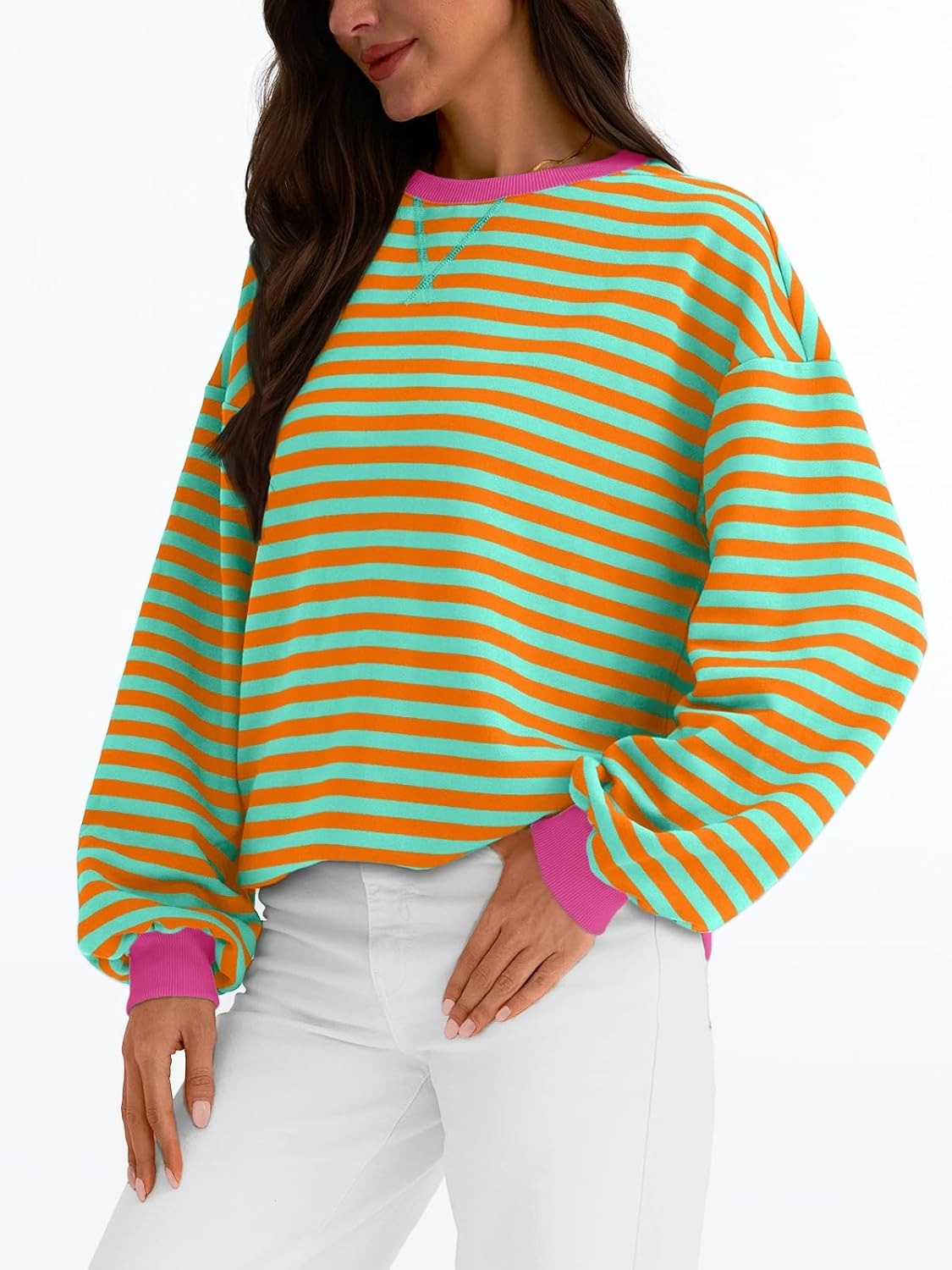 Women's Striped Crewneck Sweatshirt - Oversized Long Sleeve Casual Pullover Top