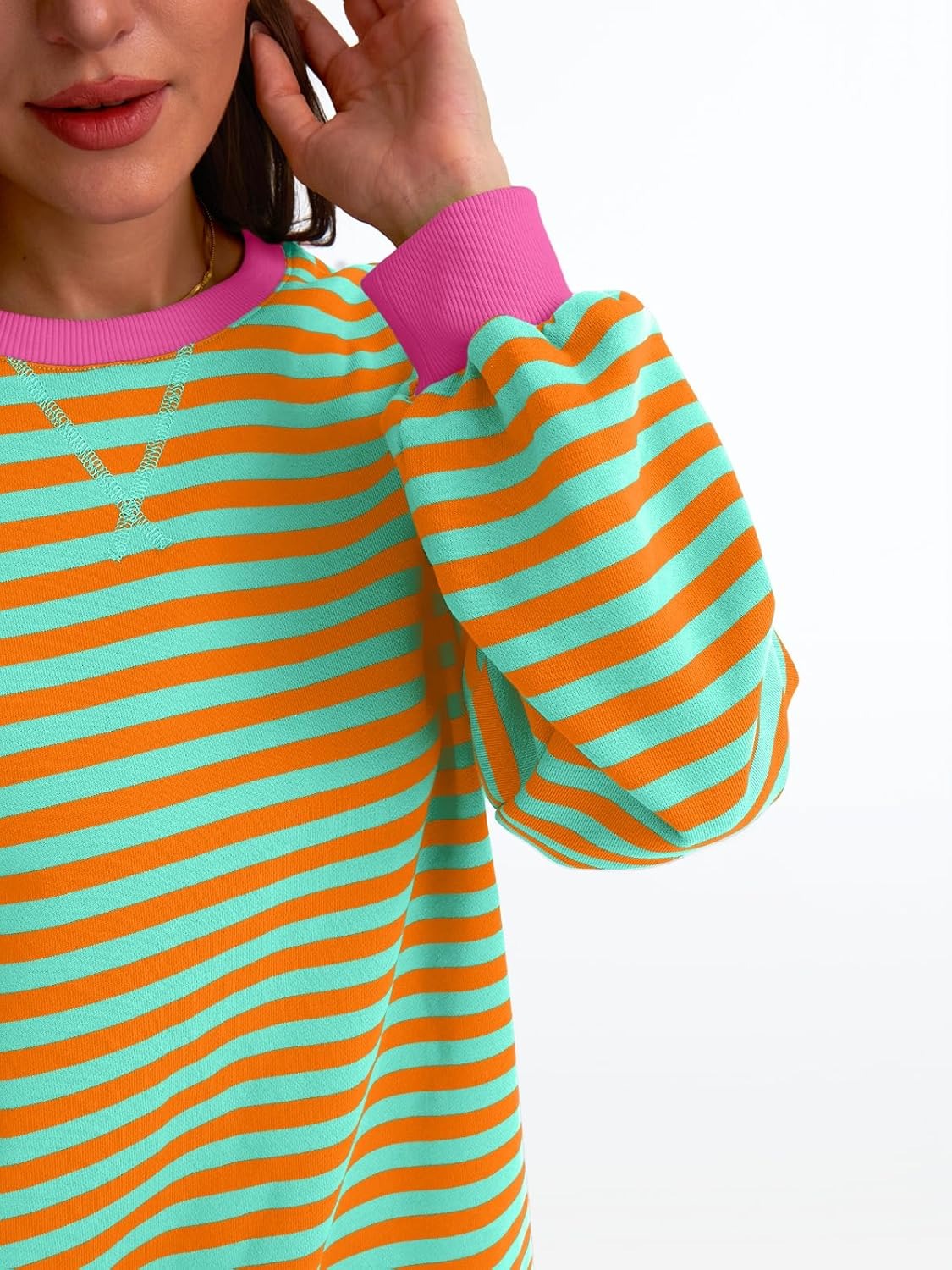 Women's Striped Crewneck Sweatshirt - Oversized Long Sleeve Casual Pullover Top