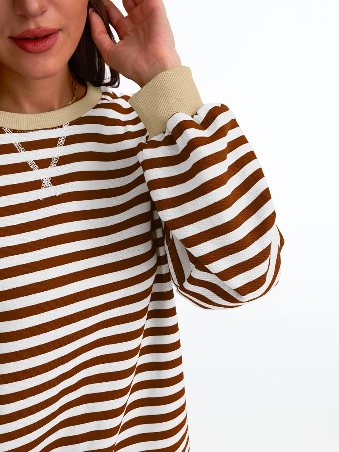 Women's Striped Crewneck Sweatshirt - Oversized Long Sleeve Casual Pullover Top