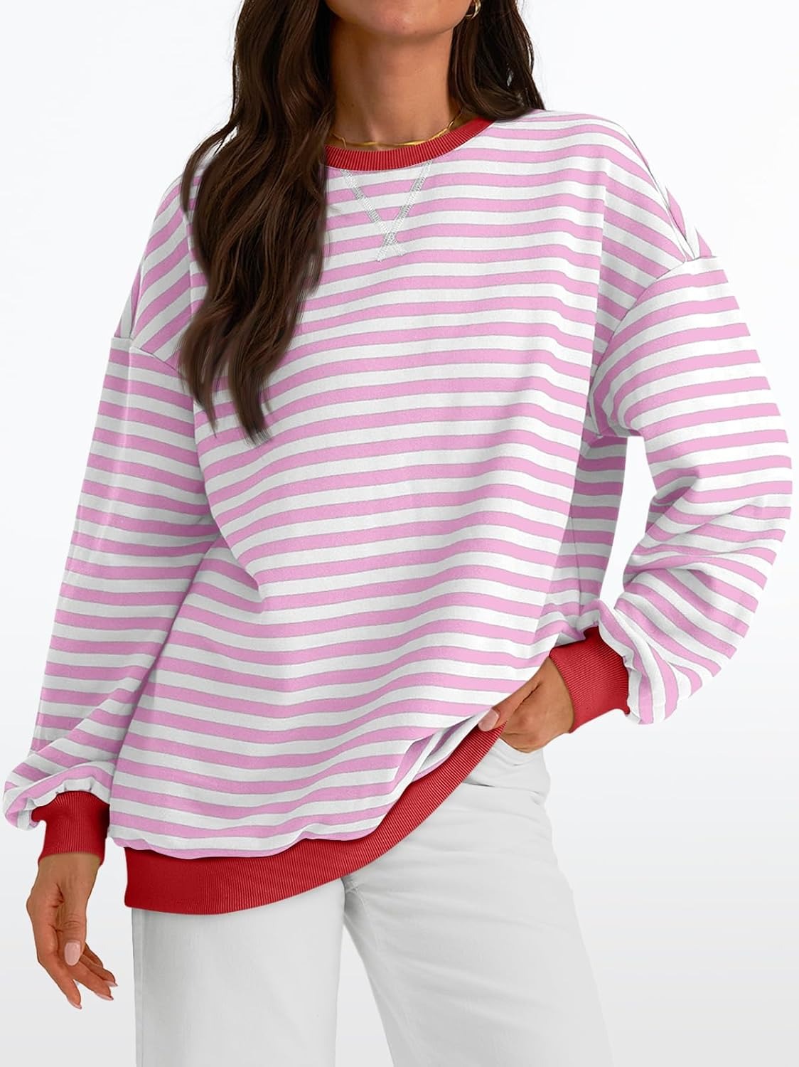 Women's Striped Crewneck Sweatshirt - Oversized Long Sleeve Casual Pullover Top