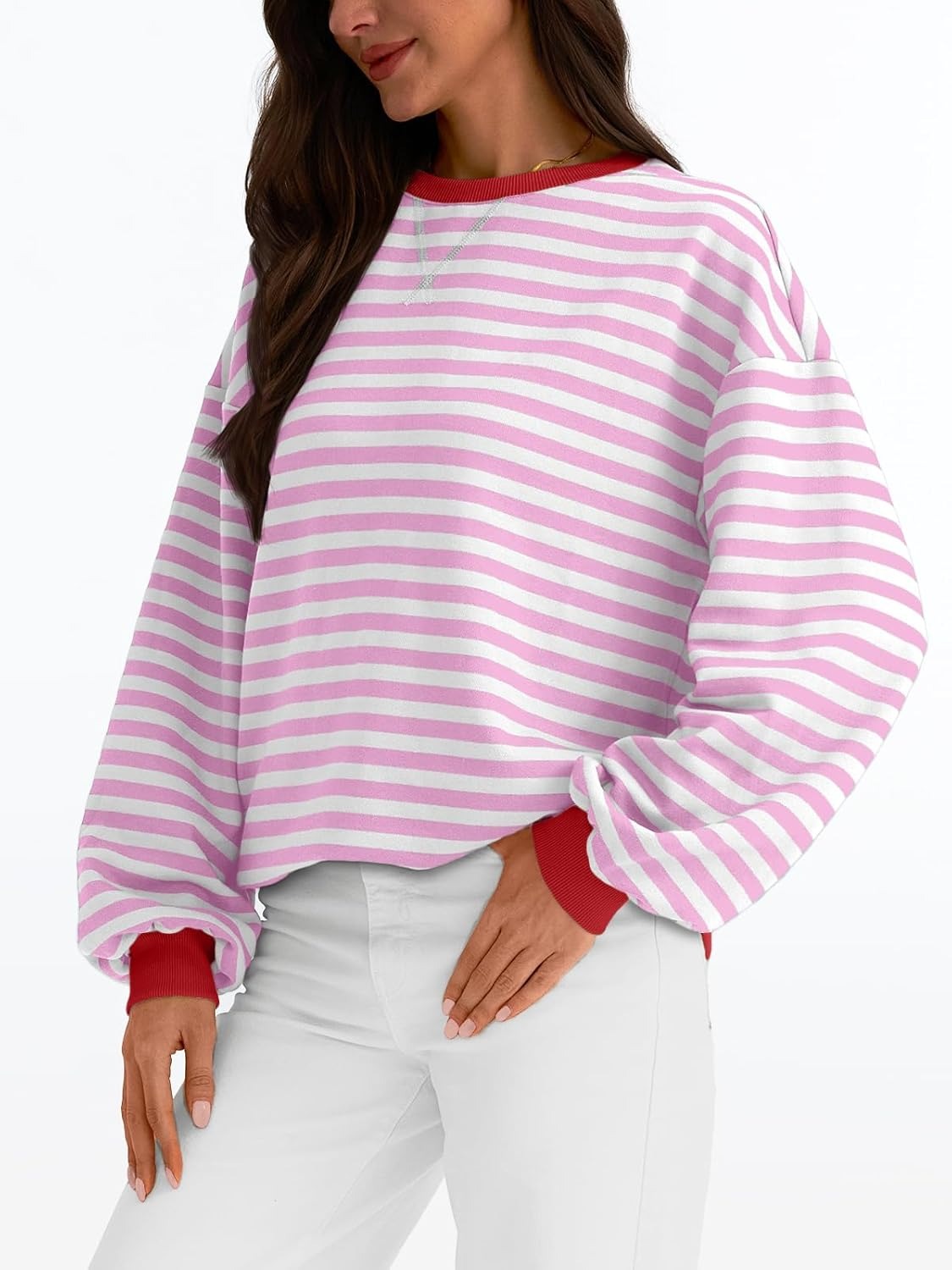 Women's Striped Crewneck Sweatshirt - Oversized Long Sleeve Casual Pullover Top