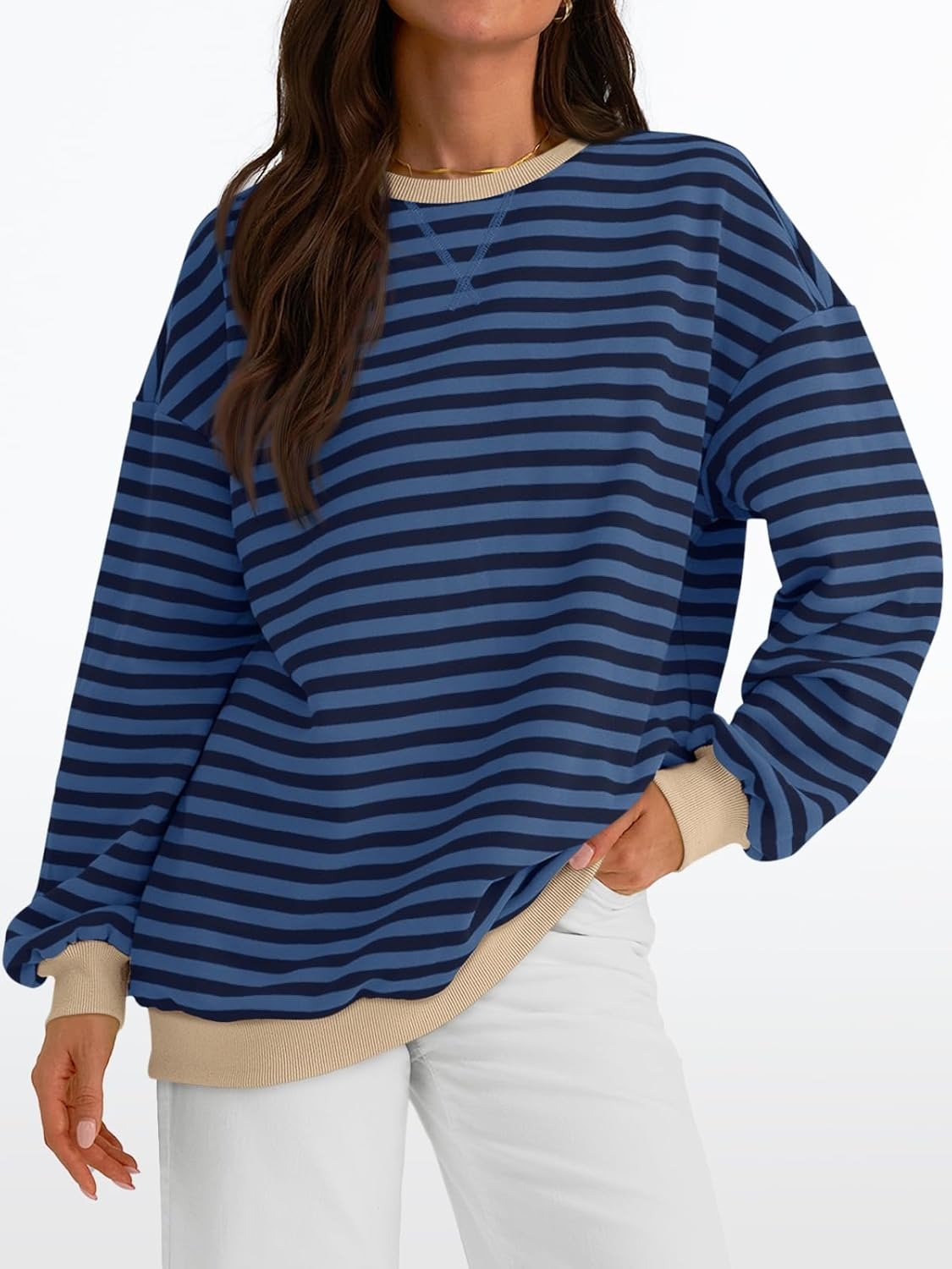 Women's Striped Crewneck Sweatshirt - Oversized Long Sleeve Casual Pullover Top