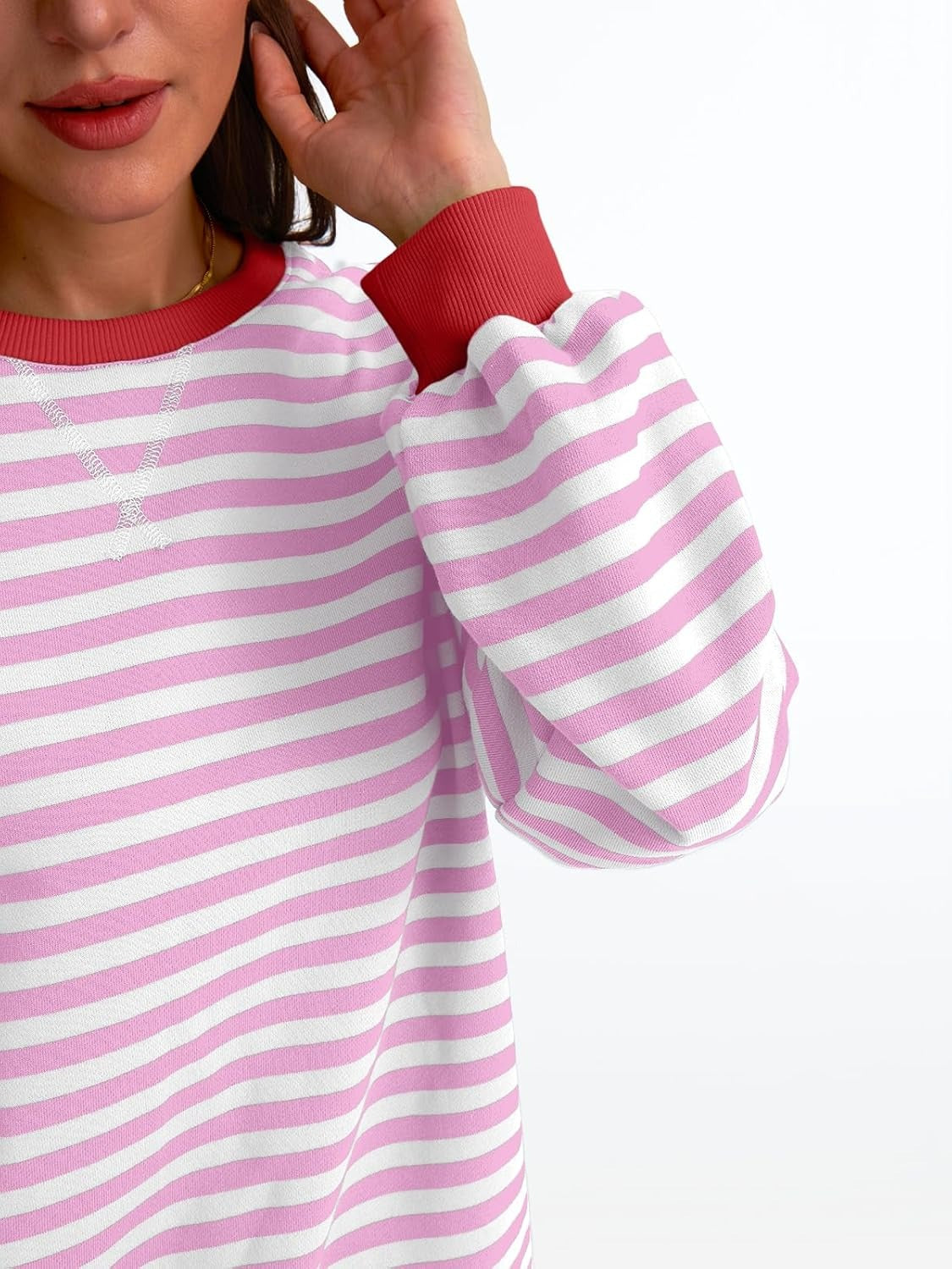 Women's Striped Crewneck Sweatshirt - Oversized Long Sleeve Casual Pullover Top