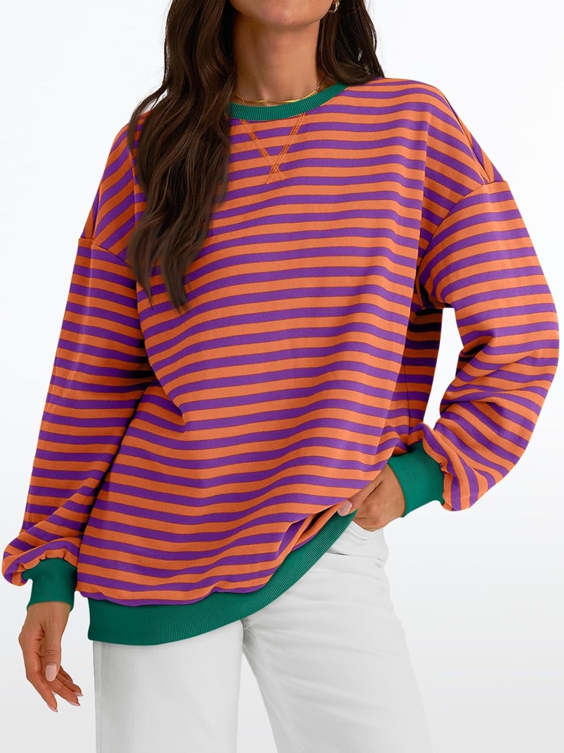Women's Striped Crewneck Sweatshirt - Oversized Long Sleeve Casual Pullover Top