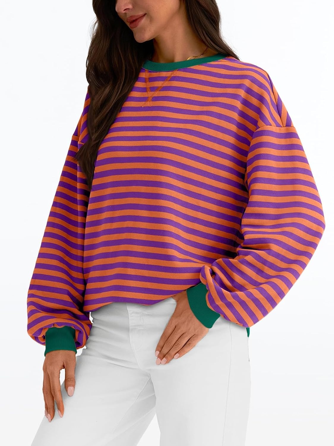 Women's Striped Crewneck Sweatshirt - Oversized Long Sleeve Casual Pullover Top