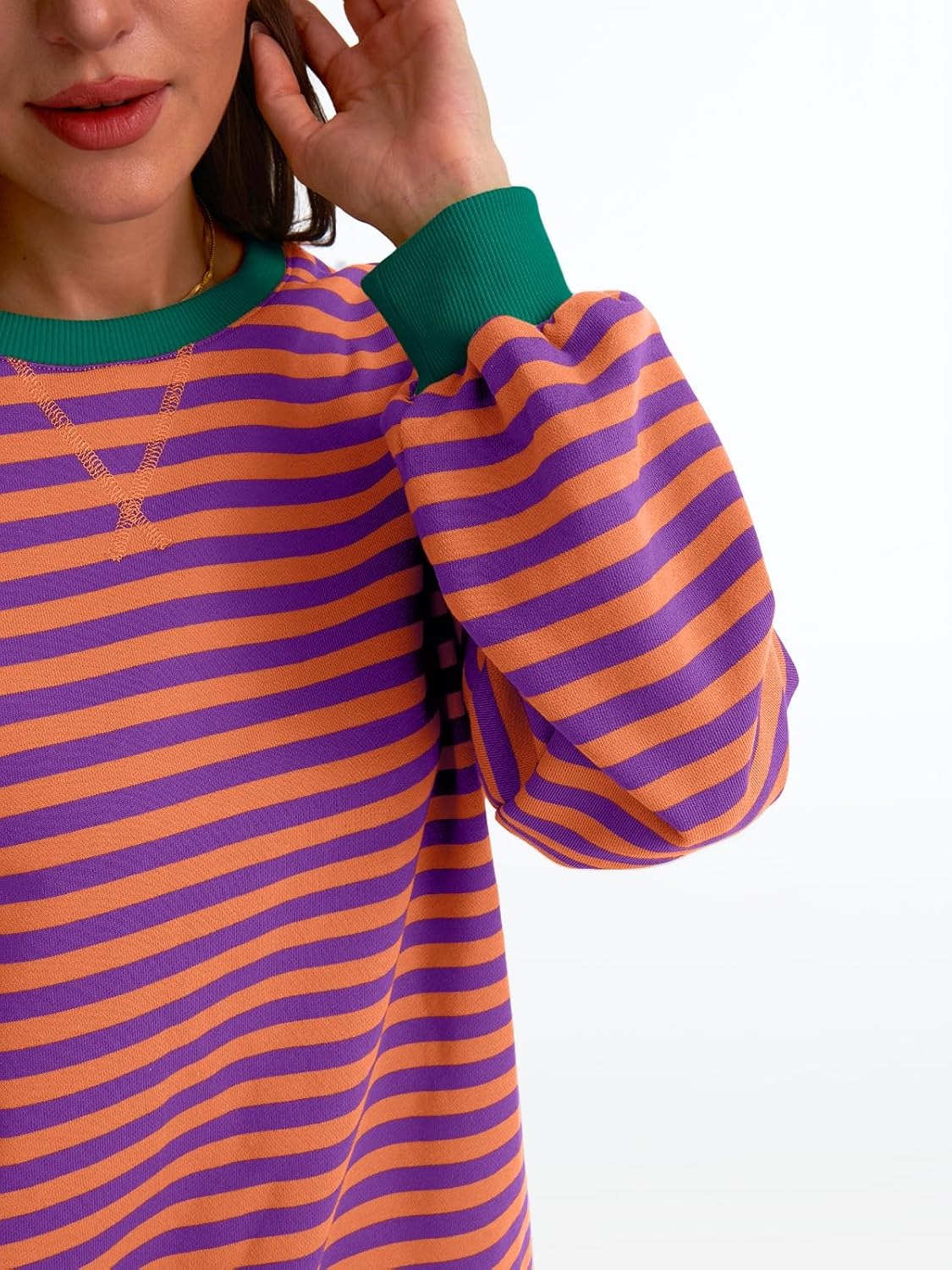 Women's Striped Crewneck Sweatshirt - Oversized Long Sleeve Casual Pullover Top