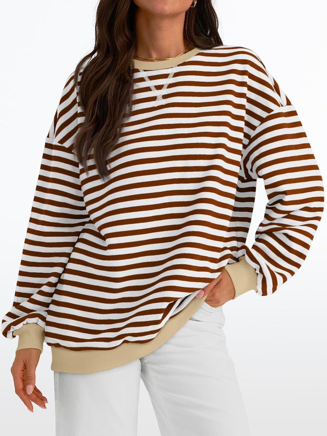 Women's Striped Crewneck Sweatshirt - Oversized Long Sleeve Casual Pullover Top