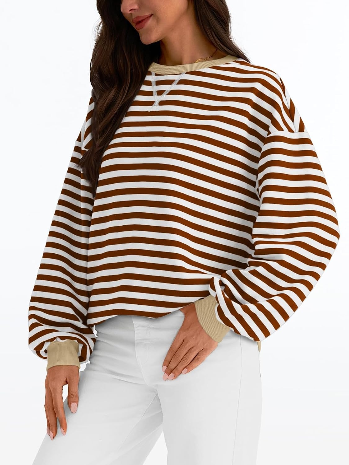 Women's Striped Crewneck Sweatshirt - Oversized Long Sleeve Casual Pullover Top