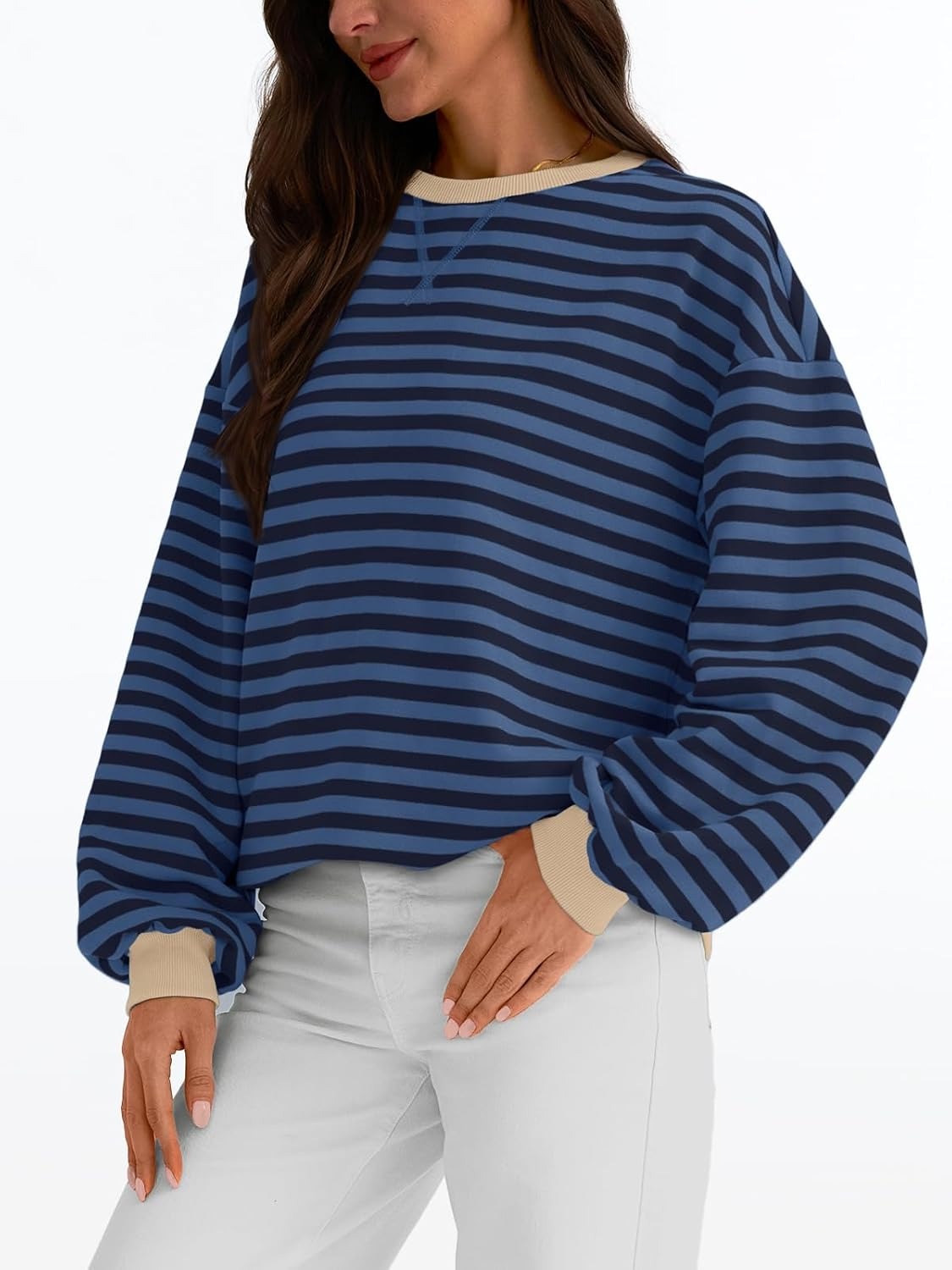 Women's Striped Crewneck Sweatshirt - Oversized Long Sleeve Casual Pullover Top