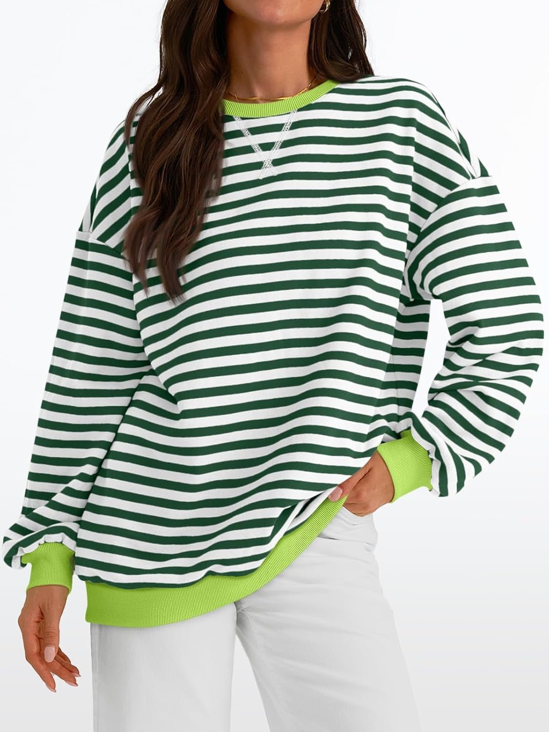 Women's Striped Crewneck Sweatshirt - Oversized Long Sleeve Casual Pullover Top