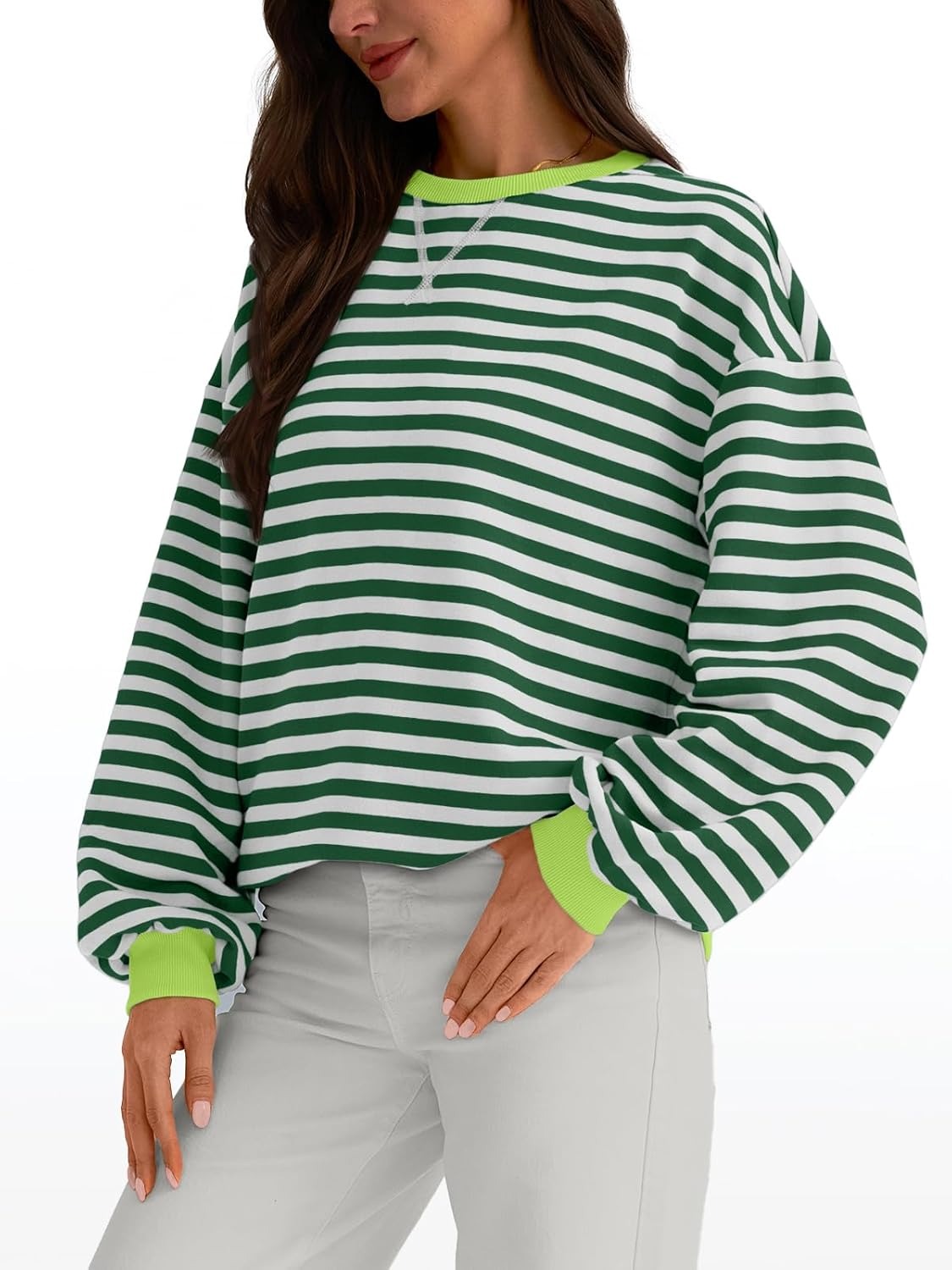 Women's Striped Crewneck Sweatshirt - Oversized Long Sleeve Casual Pullover Top