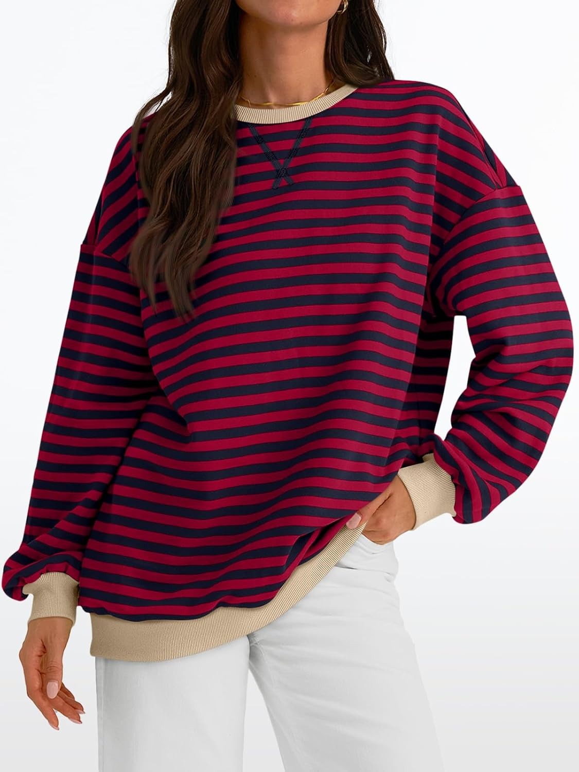 Women's Striped Crewneck Sweatshirt - Oversized Long Sleeve Casual Pullover Top