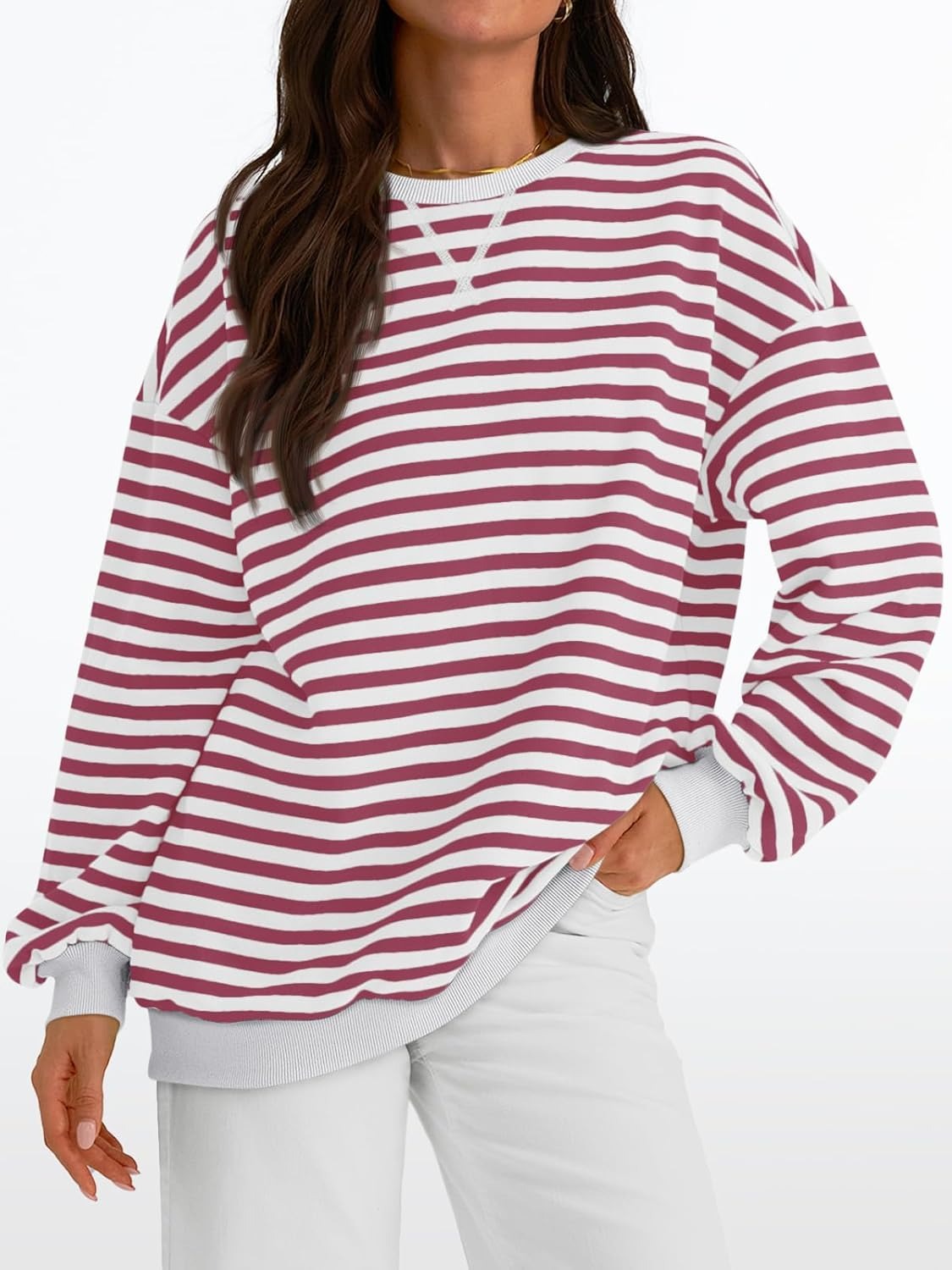 Women's Striped Crewneck Sweatshirt - Oversized Long Sleeve Casual Pullover Top
