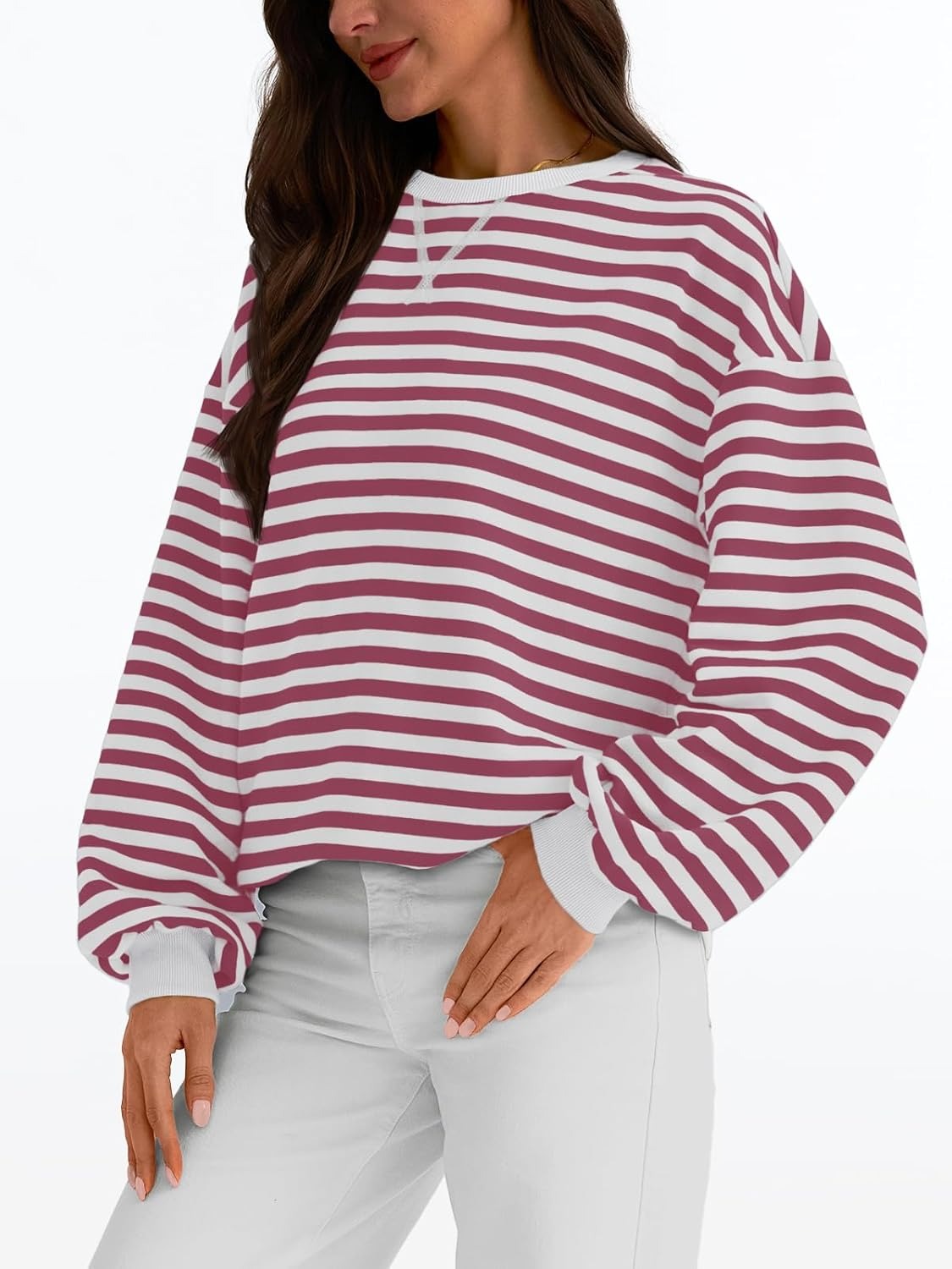 Women's Striped Crewneck Sweatshirt - Oversized Long Sleeve Casual Pullover Top