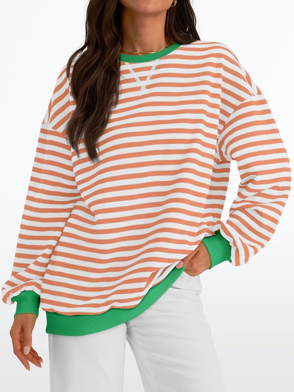 Women's Striped Crewneck Sweatshirt - Oversized Long Sleeve Casual Pullover Top