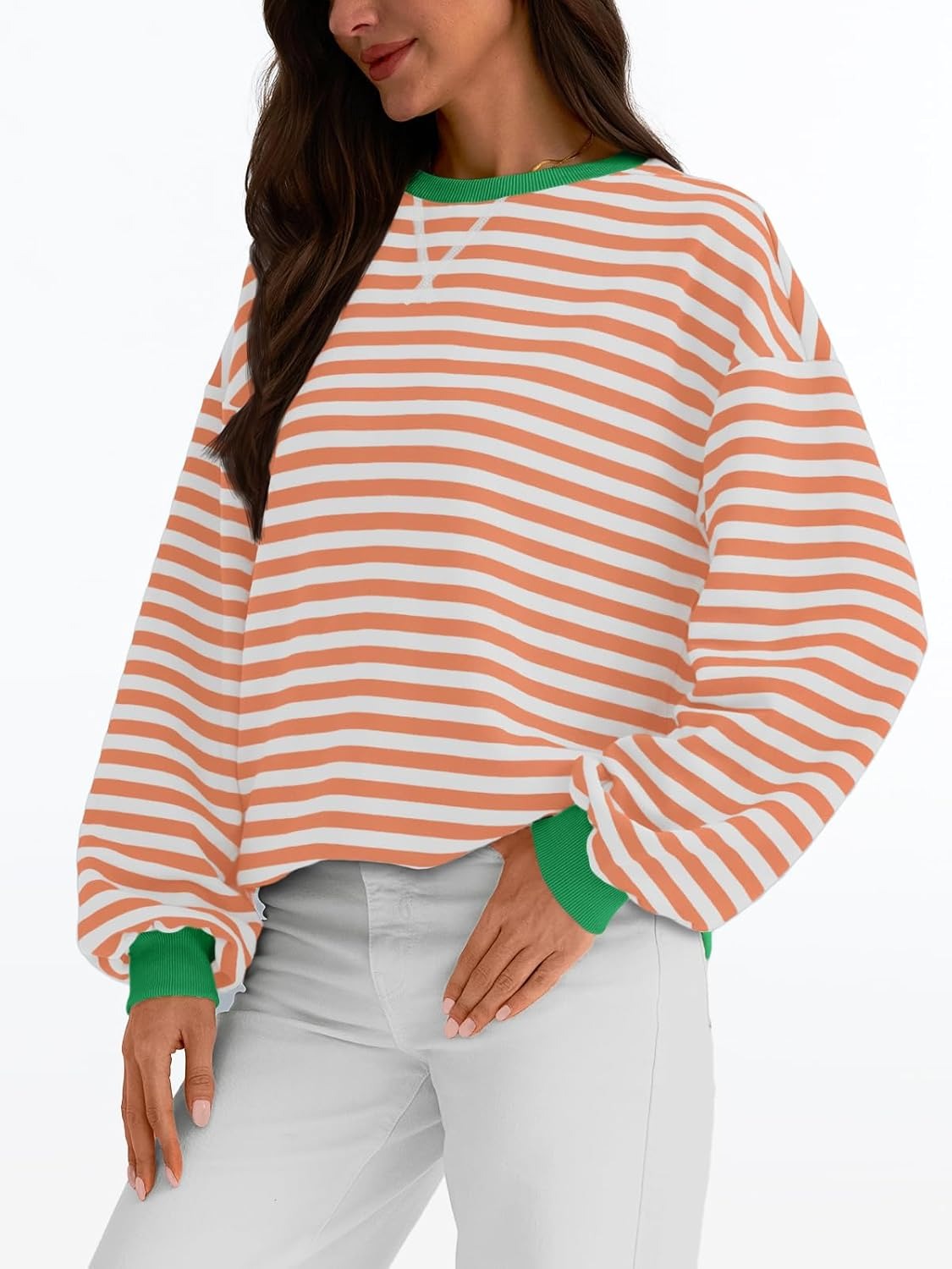Women's Striped Crewneck Sweatshirt - Oversized Long Sleeve Casual Pullover Top