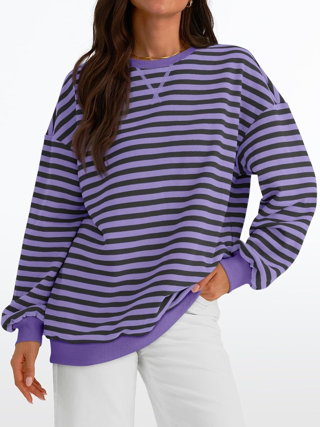 Women's Striped Crewneck Sweatshirt - Oversized Long Sleeve Casual Pullover Top