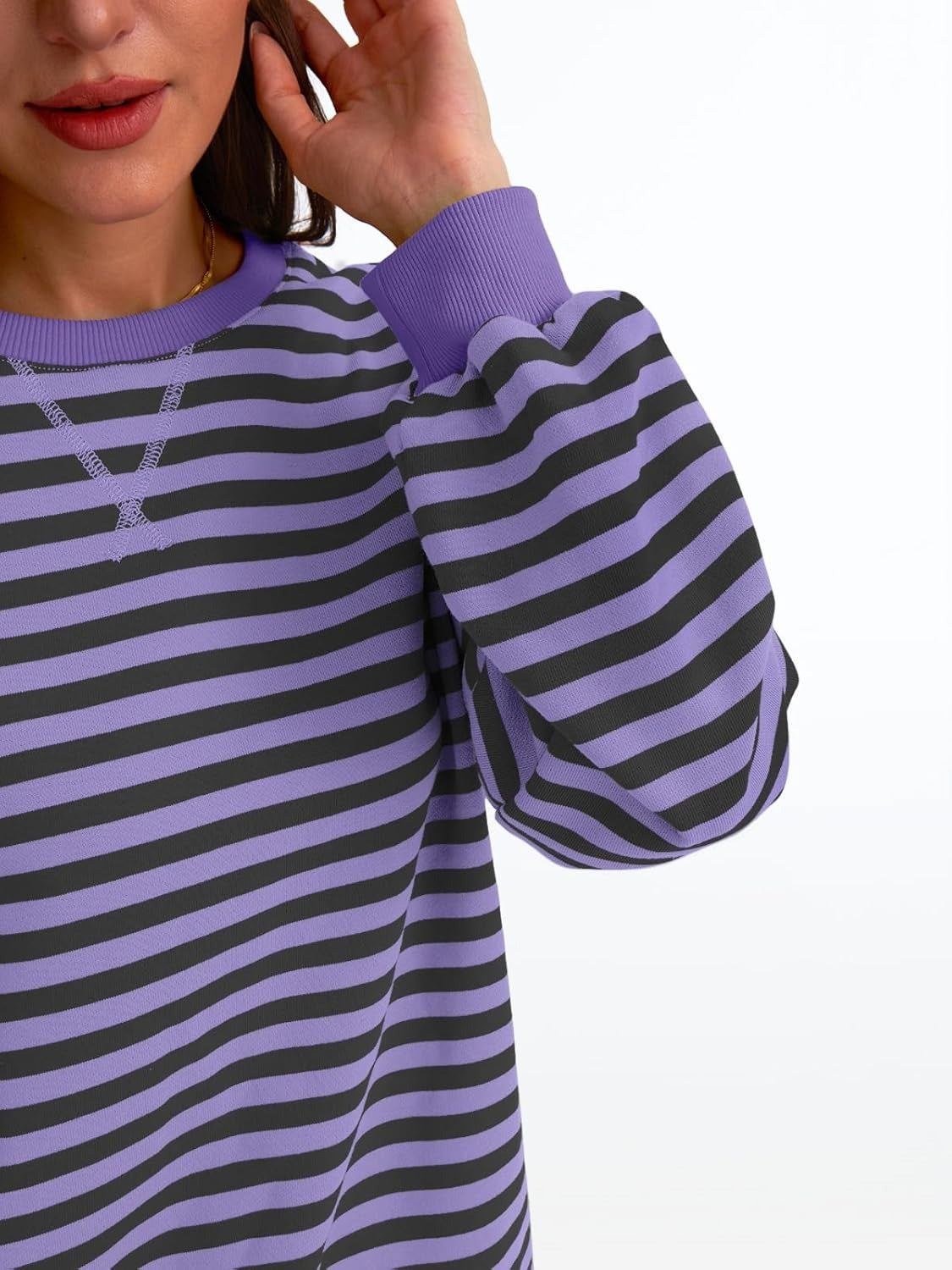 Women's Striped Crewneck Sweatshirt - Oversized Long Sleeve Casual Pullover Top