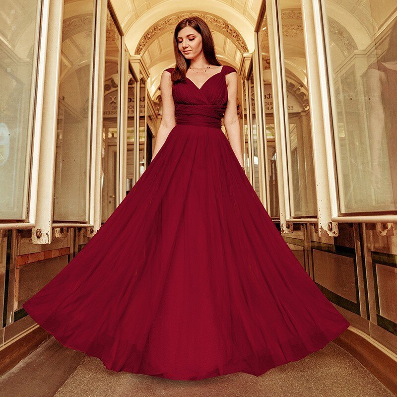 Elegant V-Neck Sleeveless A-Line Tulle Teal Prom Dresses - Sheseelady