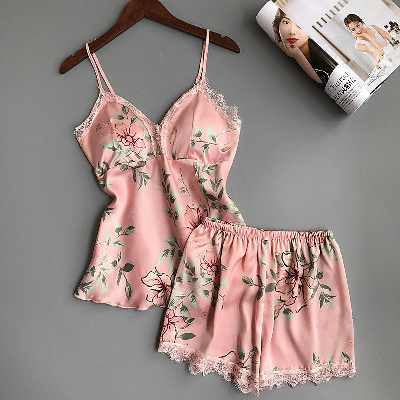 Summer Sexy Ladies' Floral Print Satin Sleepwear With Chest Pad