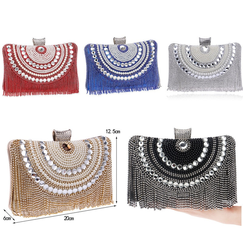 Polyester Rhinestones Diamonds And Beaded Metal Tassel Wedding Bag
