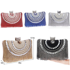 Polyester Rhinestones Diamonds And Beaded Metal Tassel Wedding Bag