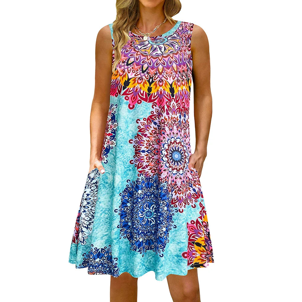 S-5Xl Colorful Printed O Neck Long Dress Casual Bohemian Sleeveless Ladies Summer Beach Sundress Travel Pocket Shirt Party Gowns