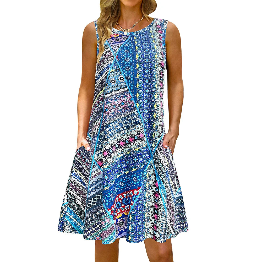 S-5Xl Colorful Printed O Neck Long Dress Casual Bohemian Sleeveless Ladies Summer Beach Sundress Travel Pocket Shirt Party Gowns