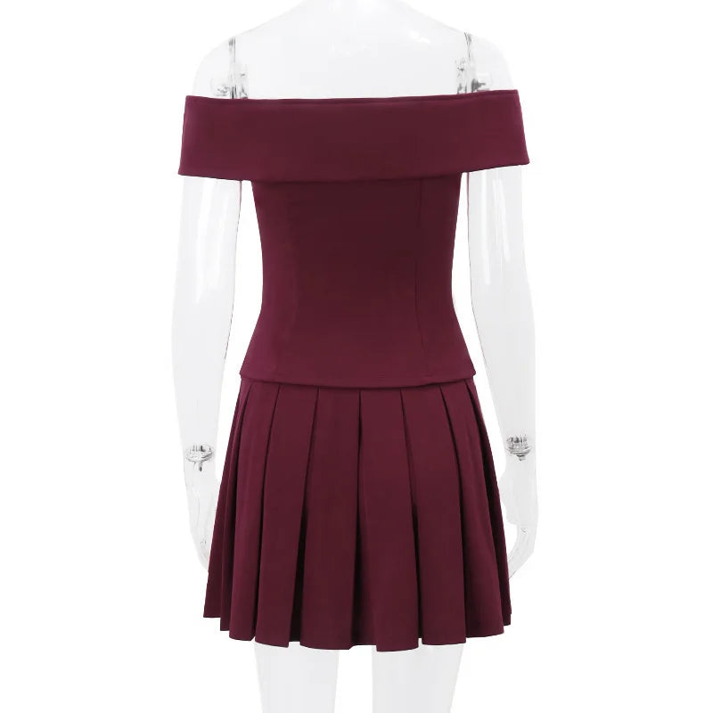 Sexy Skirt Two Piece Set Women Off-shoulder Tops And Pleated Mini Skirt Matching Sets Femme Fashion Two Piece Set