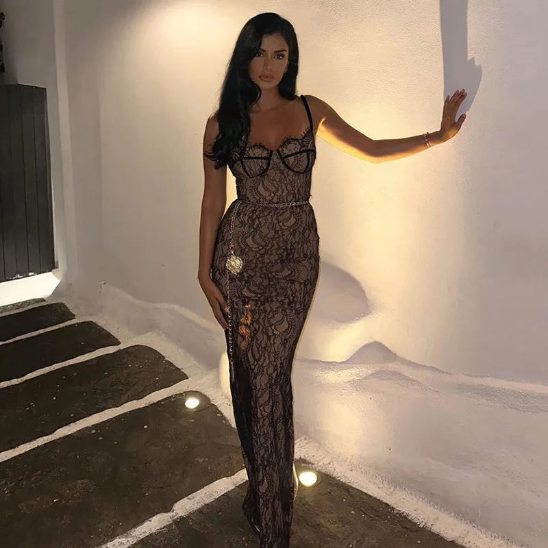 Elegant Lace Print Maxi Dress For Women Spaghetti Strap Sleeveless Backless Bodycon Club Party Sexy Evening Dress