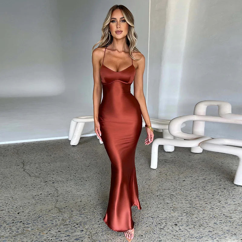 Satin Backless Lace Up Mermaid Slip Dress Women Sweetheart Neck Sexy Slim Bodycon Dresses Elegant Silk Gown Partywear