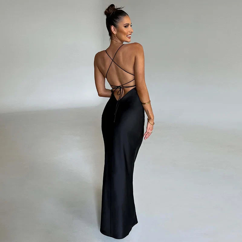 Satin Backless Lace Up Mermaid Slip Dress Women Sweetheart Neck Sexy Slim Bodycon Dresses Elegant Silk Gown Partywear