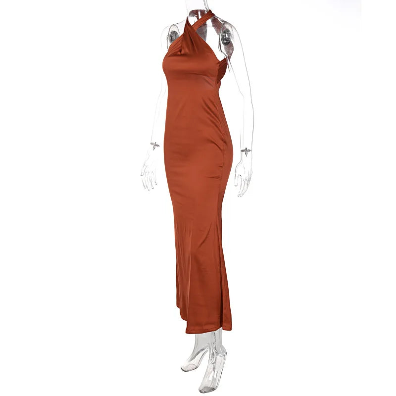 Sleeveless Cross Halter Satin Midi Dress Backless Bodycon Sexy Elegant Party Club Outfit Evening Birthday Clothes Summer