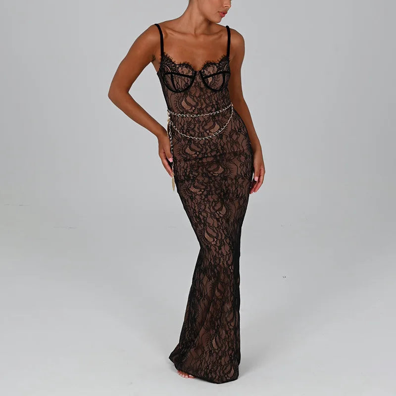 Elegant Lace Print Maxi Dress For Women Spaghetti Strap Sleeveless Backless Bodycon Club Party Sexy Evening Dress