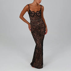 Elegant Lace Print Maxi Dress For Women Spaghetti Strap Sleeveless Backless Bodycon Club Party Sexy Evening Dress