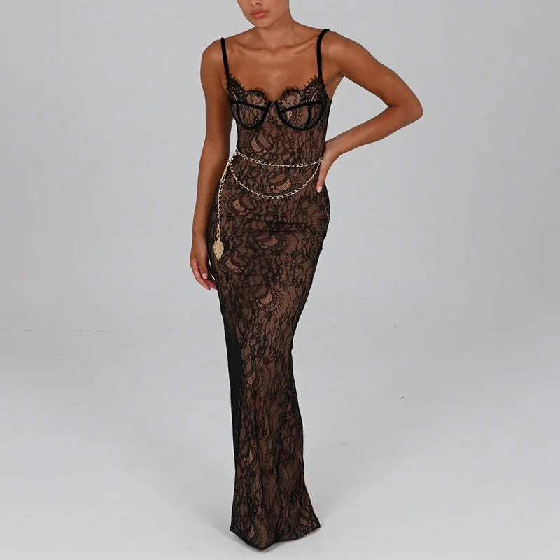 Elegant Lace Print Maxi Dress For Women Spaghetti Strap Sleeveless Backless Bodycon Club Party Sexy Evening Dress