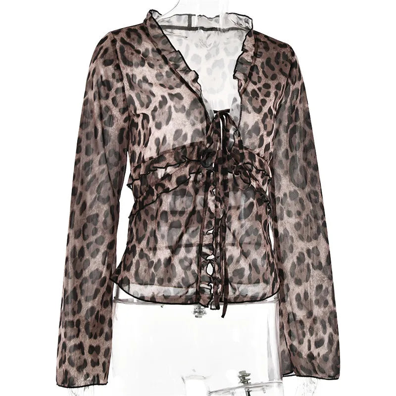 Leopard Mesh Tops Women Chiffon Lace-up V Neck Long Flare Sleeve Blouse Femme Fashion Print T-shirt Elegant Loose Tops