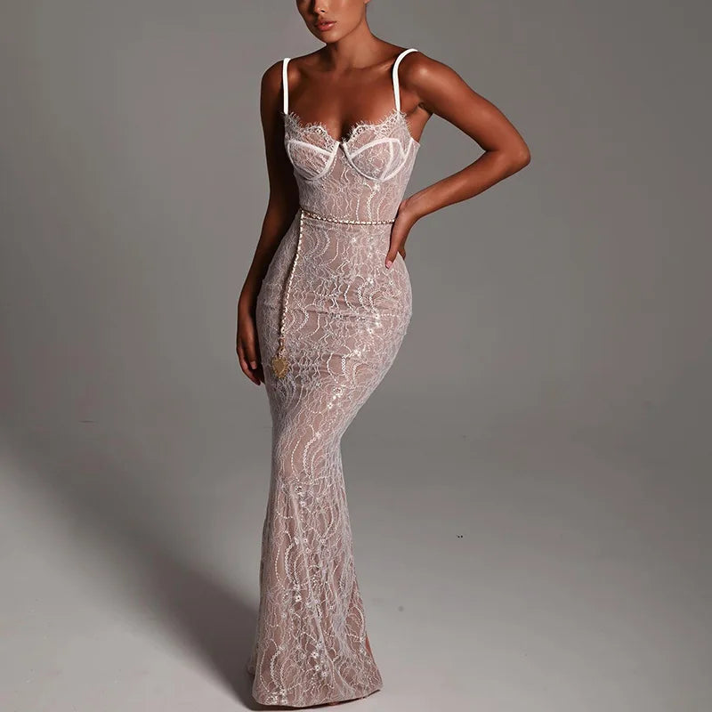 Elegant Lace Print Maxi Dress For Women Spaghetti Strap Sleeveless Backless Bodycon Club Party Sexy Evening Dress