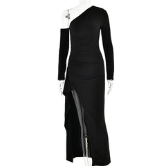 Oblique Shoulder Thigh High Split Maxi Dress Women Long Sleeve Backless Bodycon Sexy Club Party Long Dress Vestidos