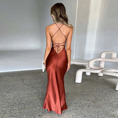 Satin Backless Lace Up Mermaid Slip Dress Women Sweetheart Neck Sexy Slim Bodycon Dresses Elegant Silk Gown Partywear