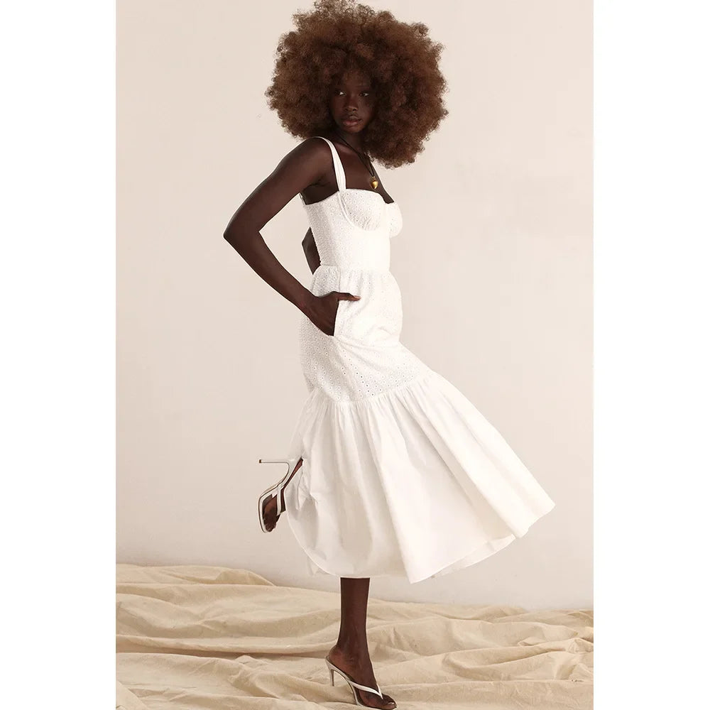 White Women's Summer Dress Linen-cotton Blend Jacquard Dress Elegant Sexy Midi Vacation Holiday Dress